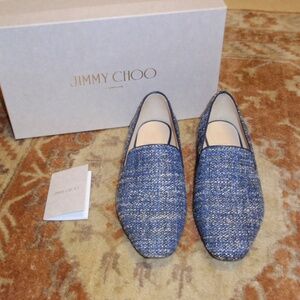 Jimmy Choo Jaiden Blue Metallic Tweed Flat Loafer Shoes Size 37.5